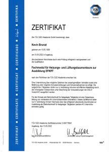 Zertifikat Fachmodul für Heizungs- und Lüftungsbaumonteure zur Ausbildung EFKffT – Kevin Brunat
