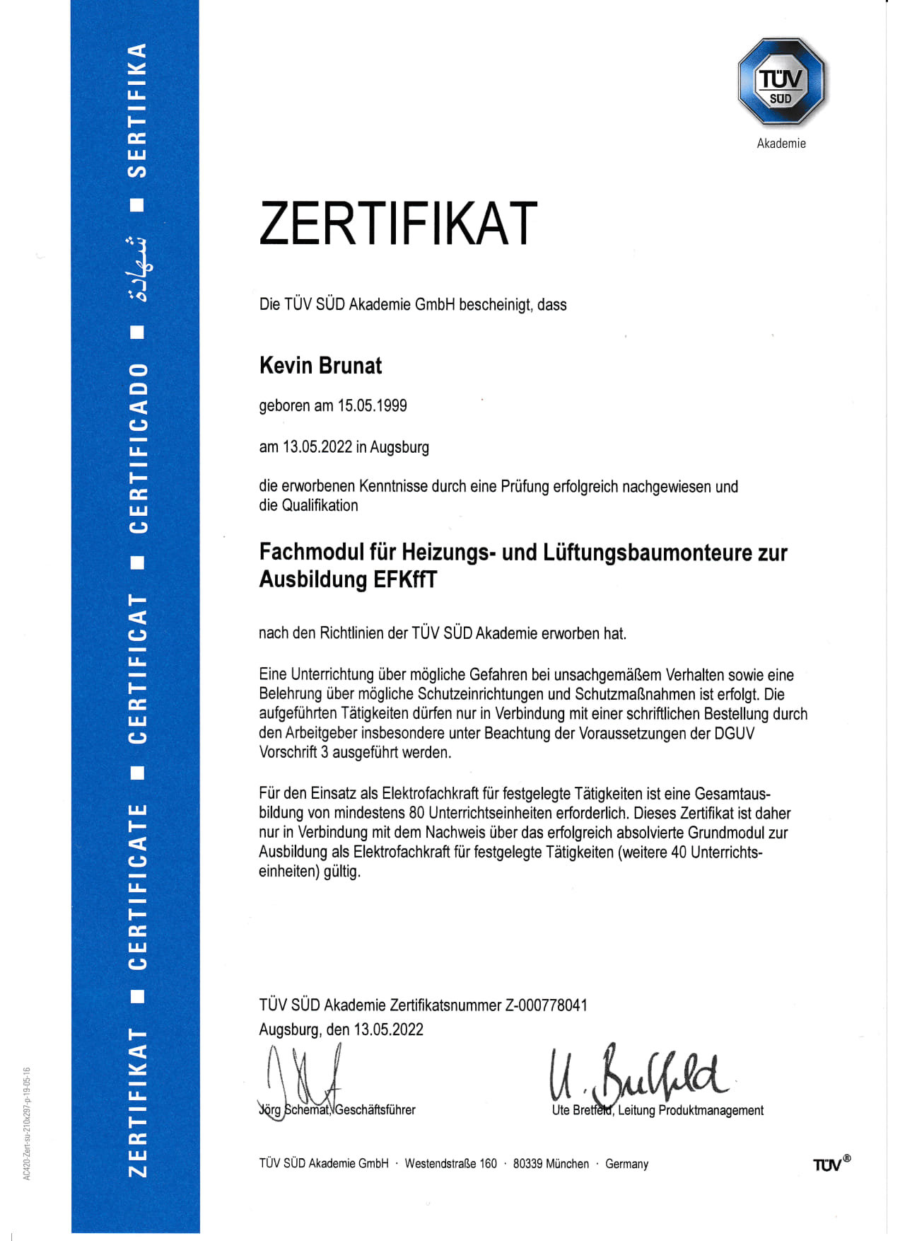 Zertifikat Fachmodul für Heizungs- und Lüftungsbaumonteure zur Ausbildung EFKffT – Kevin Brunat