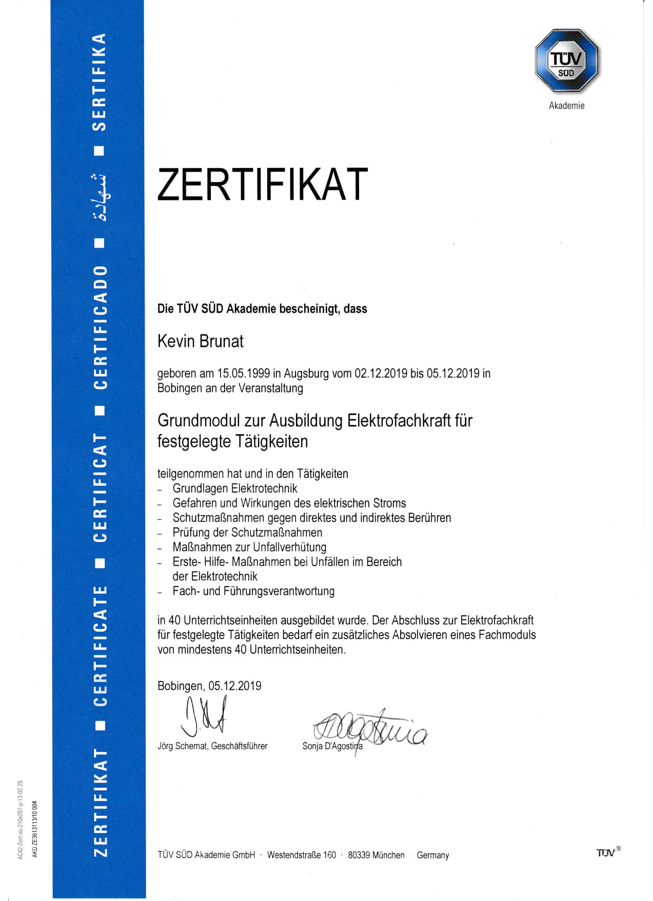 Zertifikat Grundmodul zur Ausbildung Elektrofachkraft für festgelegte Tätigkeiten – Kevin Brunat