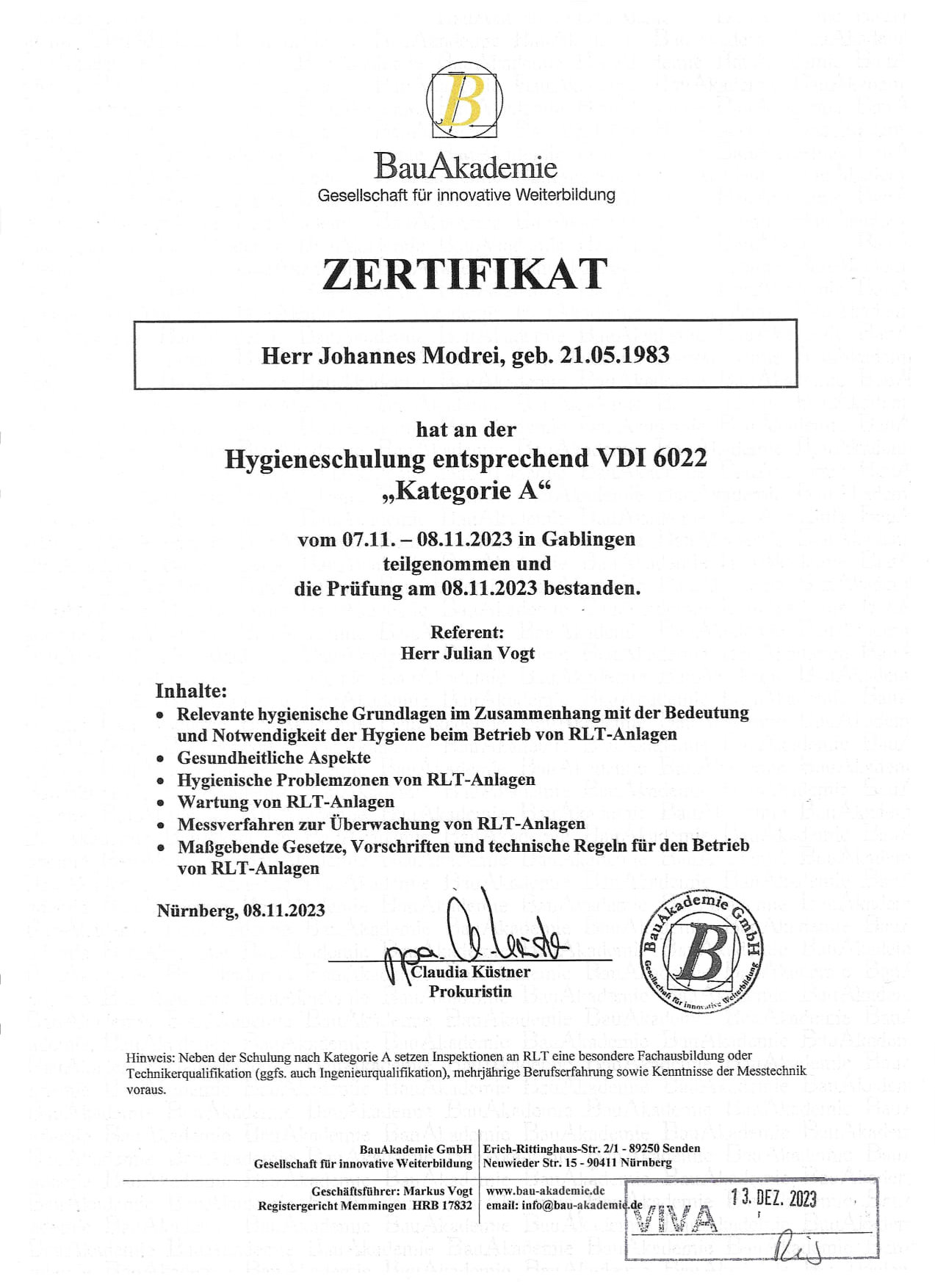 Zertifikat Hygieneschulung nach VDI 6022 Kategorie A – Johannes Modrei