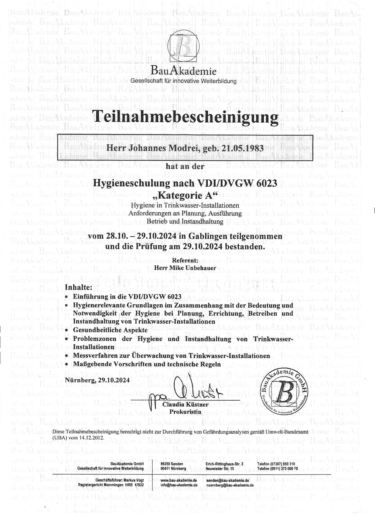 Teilnahmebescheinigung Hygieneschulung nach VDI/DVGW 6023 Kategorie A – Johannes Modrei