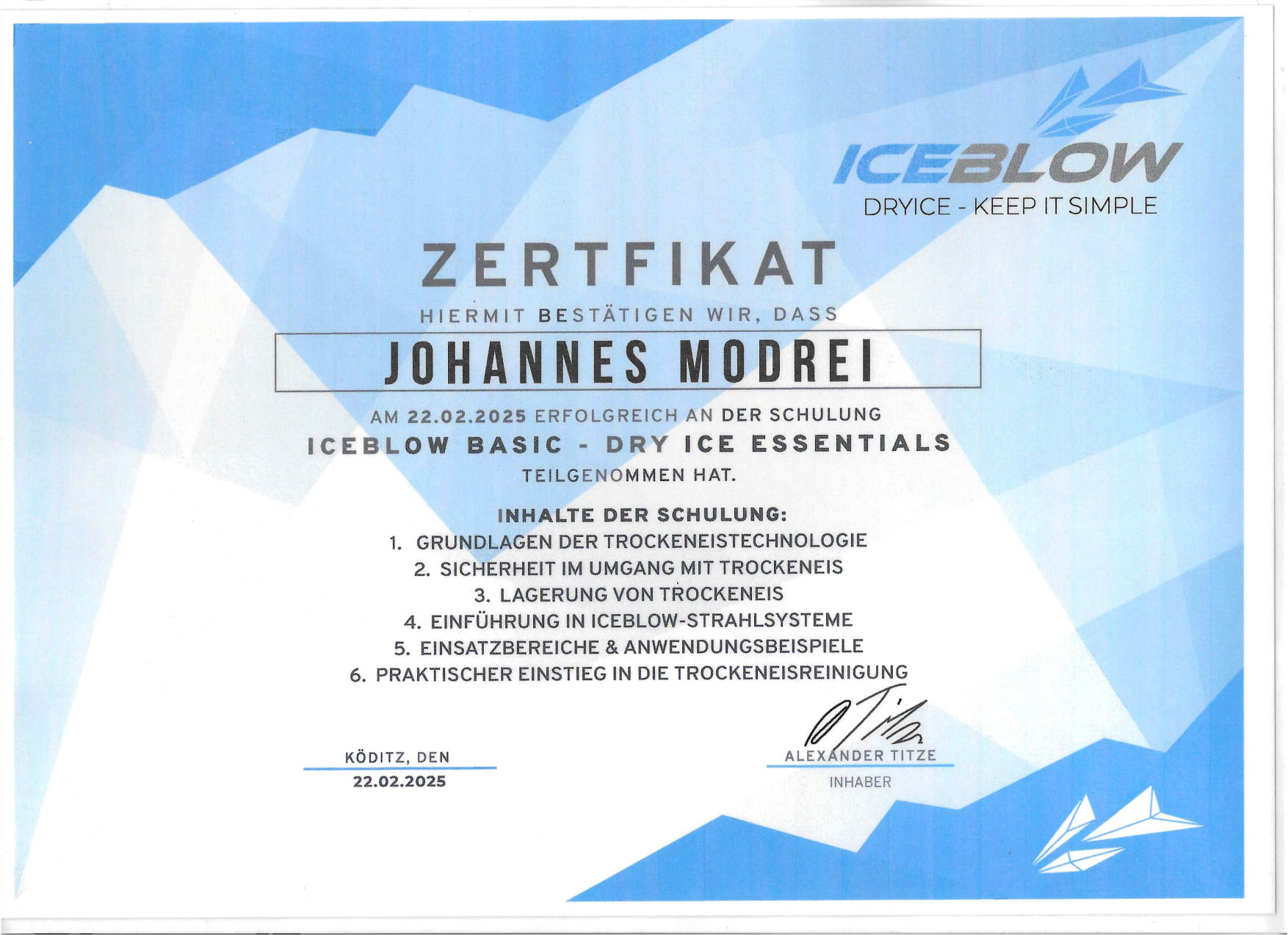 Zertifikat ICEBLOW Basic – Dry Ice Essentials – Johannes Modrei