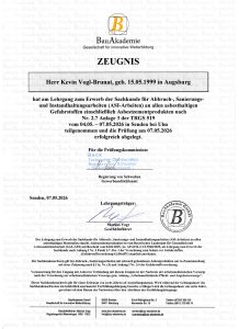 Zeugnis Sachkunde nach TRGS 519 Anlage 3 – Kevin Vogl-Brunat