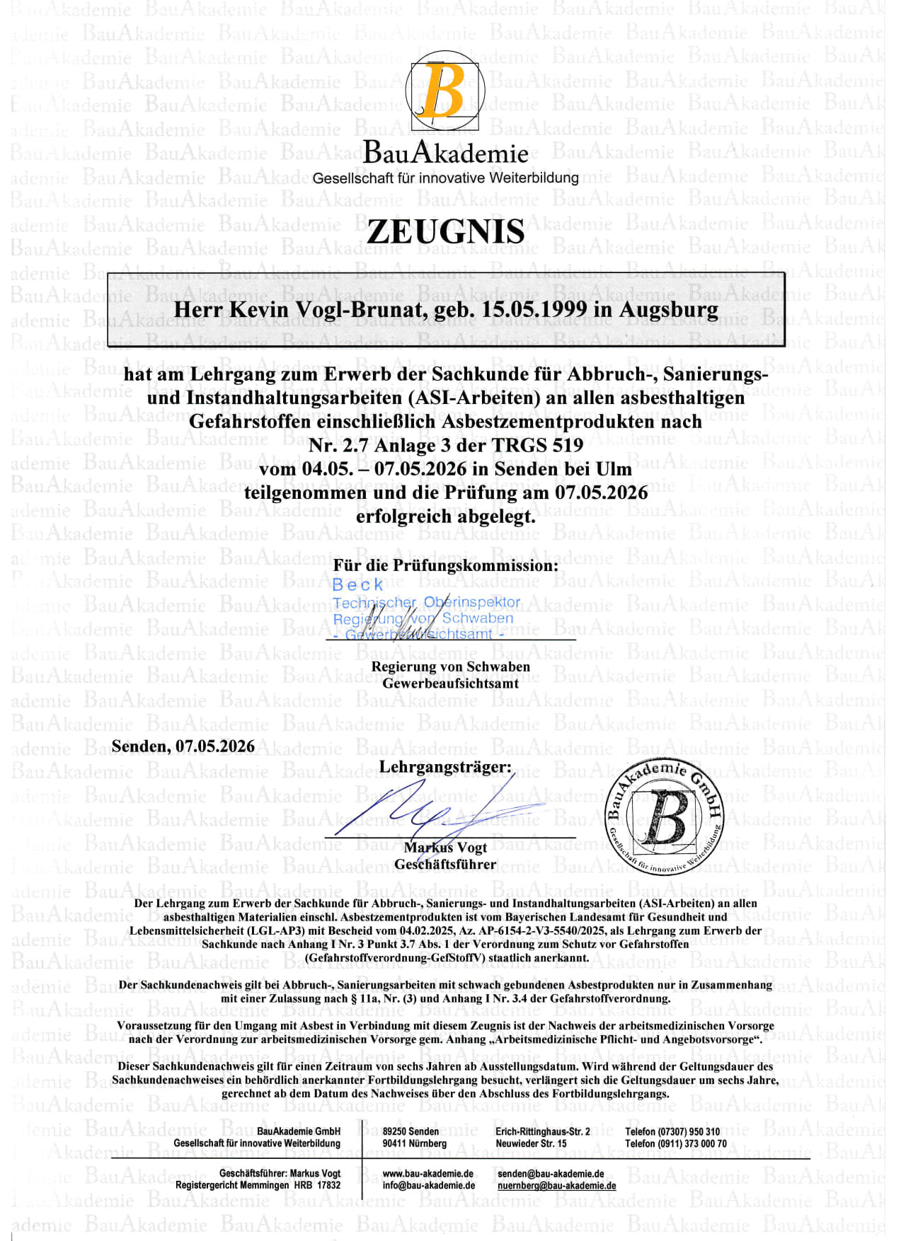 Zeugnis Sachkunde nach TRGS 519 Anlage 3 – Kevin Vogl-Brunat